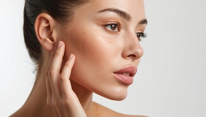 Obraz premium Skincare routine concept showing woman touching face with natural makeup and soft lighting
