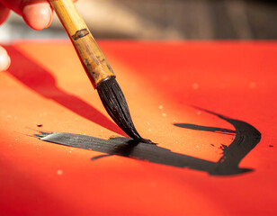 Chinese calligraphy brush painting on red paper with shadow