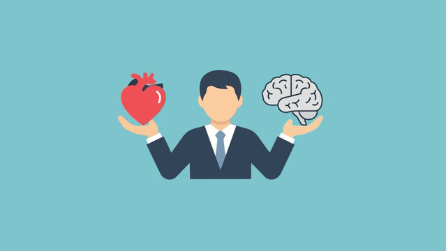 Businessman balancing heart and brain representing emotional and logical decision making.