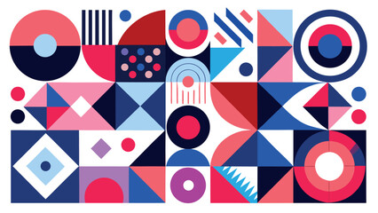Obraz premium Abstract Geometric Grid Pattern with Vibrant Circles, Triangles, and Stripes in Neo-Bauhaus Style