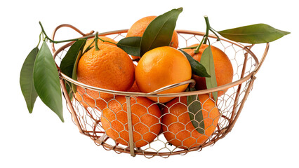 Fresh oranges in a rustic wire basket with green leaves