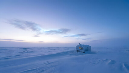 Cool Blue in Arctic and palette theme. Solitary house on a vast, snowy landscape under a serene, blue winter sky.