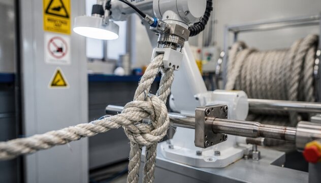 Medium shot of an automated robotic rope splicing workstation crafting strong marine eye splices for nautical safety and durability.