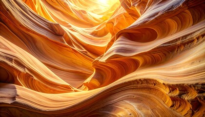 Flowing orange waves of light create a silk texture with liquid curves in Antelope Canyon Arizona USA, resembling a swirl of satin art against a brown background