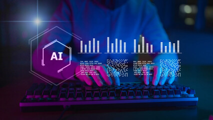 Artificial intelligence AI finance stock market data analysis machine learning. Business big data analytics, digital transformation technology, smart computer system, and futuristic network innovation