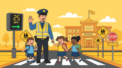 Policeman guiding children across the road.