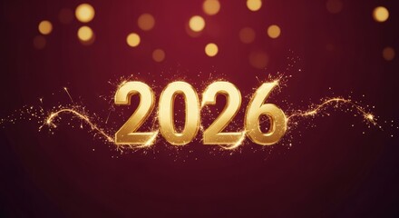 Golden 2026 numerals sparkling with light trails on red bokeh background. New year celebration graphic featuring festive glow. Holiday design for greetings and videos welcoming the future year.