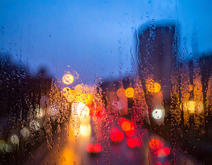 Rainy night city lights blurred through wet window glass