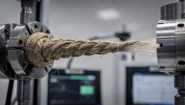 Closeup medium shot of heavy industrial yarn undergoing rigorous tensile testing highlighting fiber texture and robust strain resistance.