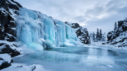 Cool Blue in Arctic and palette theme. Frozen waterfall and icy landscape under a cloudy winter sky.