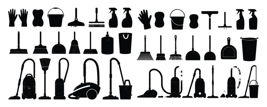 Black silhouette collection of cleaning supplies vacuum cleaner broom bucket and spray bottle