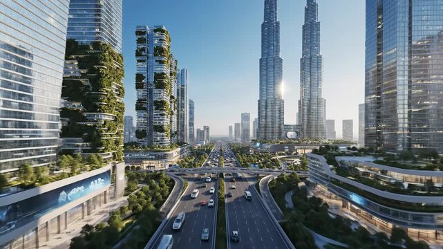 Cityscape with skyscrapers and roadways under clear sky in urban area