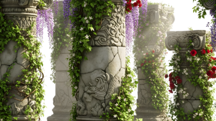 Ancient Stone Columns with Lush Green Vines and Vibrant Flowers