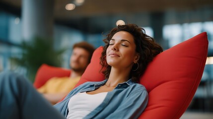 Progressive companies encourage moments of rest, shown through a break in a modern office that supports creativity, motivation, and job satisfaction. cinematic color correction, natural uneven