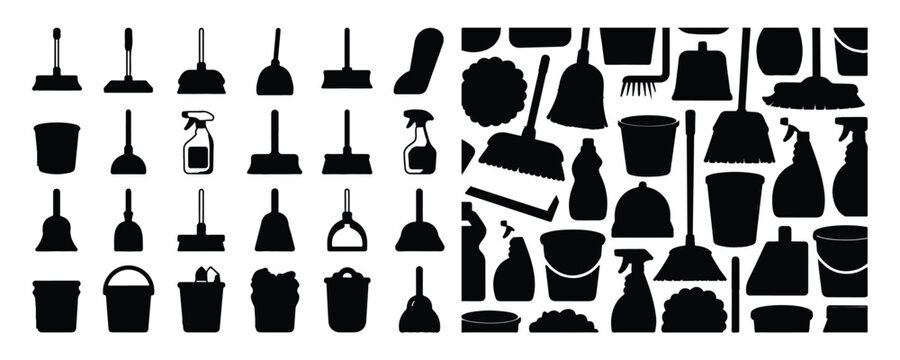 Cleaning tools and supplies silhouette icons set. janitorial and household cleaning equipment