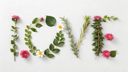 Creative arrangement of leaves and flowers forms the word love on a plain background