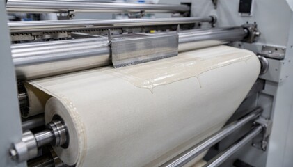 Medium shot of a knifeoverroll coating process applying a smooth uniform layer on continuous fabric as precision machinery synchronizes speed and pressure seamlessly.