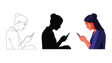 Fototapeta premium Woman looking at smartphone screen in three styles line art, silhouette and full color illustration, focusing mobile phone addiction or usage concept