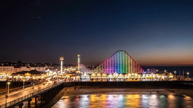 Blackpool South Pier Roller Coaster Day to Night Time-Lapse 4K Video