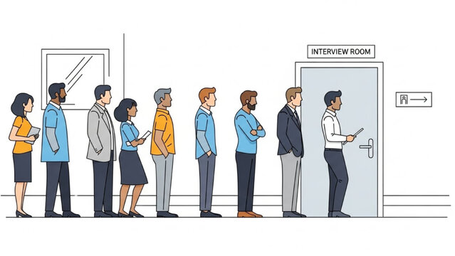 Diverse group of people waiting in line to enter a meeting room from a doorway