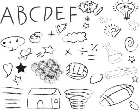 Black and white doodle with letters abcdef and various and symbols stars