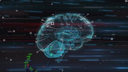 Animation of brain over lights and icons and graphs on black background - Powered by Adobe