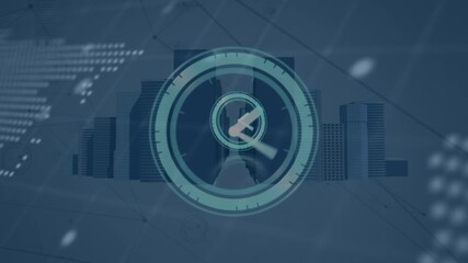 Animation of moving clock over data processing with digital cityscape on black background - Powered by Adobe
