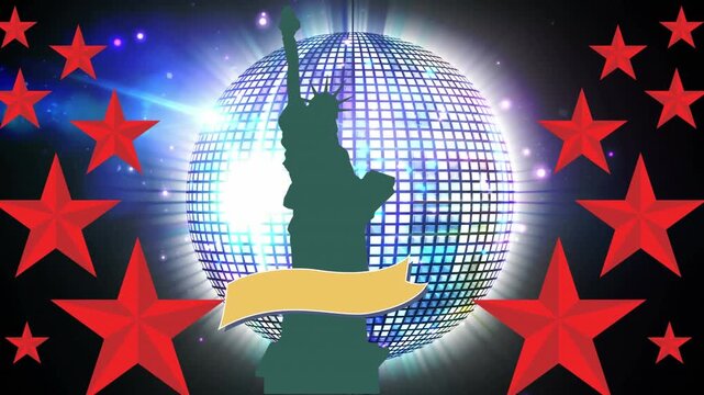 Animation of statue of liberty and stars over purple lines and disco ball on black background