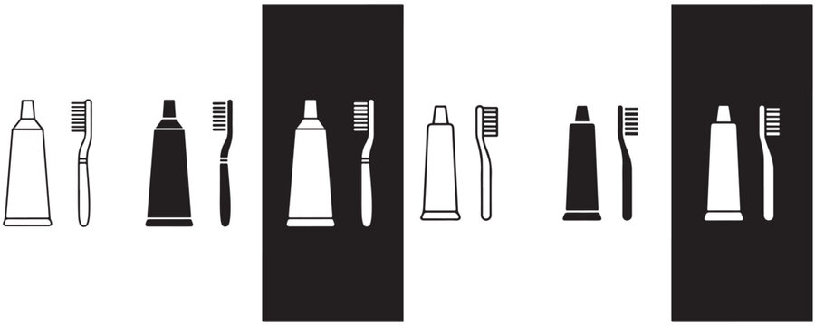 Oral hygiene icon set featuring toothpaste tube and toothbrush in solid and outline style vector