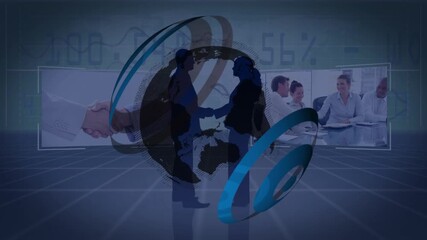 Animation of digital globe and collage of multiracial business people shaking hands and discussing - Powered by Adobe