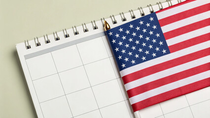 Calendar with empty pages and a small American flag showing on the side sitting on a plain surface for planning and organizing events
