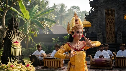 Balinese dancer performing traditional dance in vibrant yellow costume and golden headdress amidst lush tropical setting with musicians.