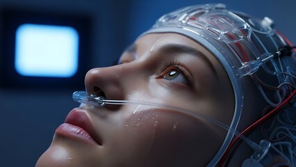Close-up of a woman's face with a futuristic neural interface headset and nasal cannula