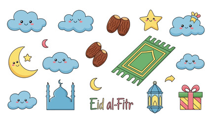 Fototapeta premium Cute Eid al-Fitr Elements: Clouds, Moon, Star, Mosque, Prayer Mat, Dates, Lantern, Gift