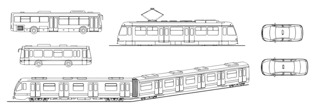 Public transit vehicles CAD blocks, bus tram metro taxi, top view architectural plan style, vector &ndash; Professional CAD Architectural Vector Collection
