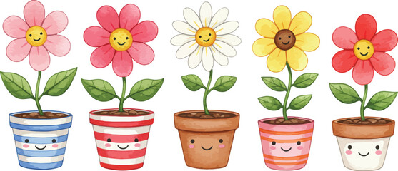 Smiling flowers in colorful painted pots with happy faces