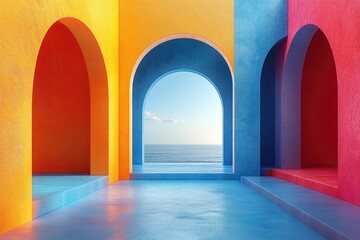 Naklejka premium A vivid, sunlit archway scene featuring bold color blocks and layered arches opening to a calm sea and horizon. Inspiring, playful architecture evokes travel, creativity, and vibrant mood