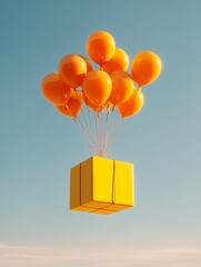 yellow box floats with orange balloons in the sky