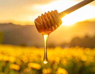 Golden honey dripping from a dipper at sunset in a vibrant flower field