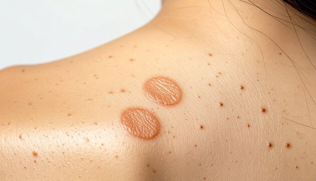 Close-up of two circular skin lesions on a persons back, possibly a fungal infection or ringworm, with surrounding freckles and moles.