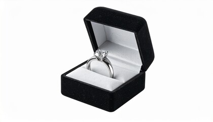 Silver engagement ring with diamond, black velvet box, proposal moment, elegant jewelry presentation