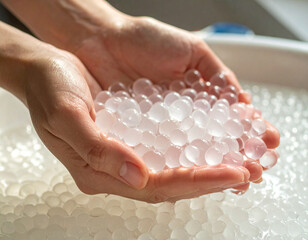 Sensory exploration hands scooping glistening, clear hydration gel beads