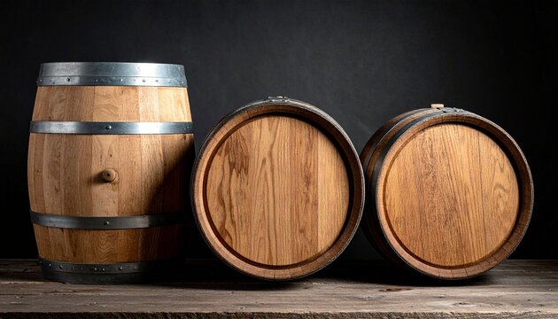 Three wooden barrels with black hoops, traditional cooperage, rustic storage, brewing and aging vessels
