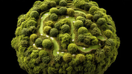 An isolated 3D model of a tiny complete 18-hole golf course wrapped around a small minimalist sphere, floating in a black void.