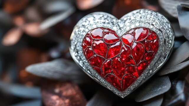 Heart-shaped brooch adorned with red gemstones set against a dark, textured background