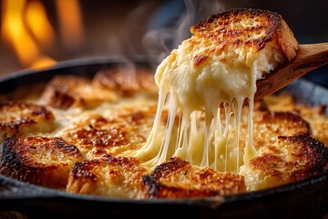 Rustic Cast Iron Skillet Fondue with Steaming Cheese Pull and Toasted Bread