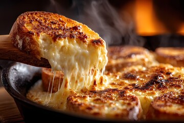 Rustic Cast Iron Skillet Fondue with Steaming Cheese Pull and Toasted Bread
