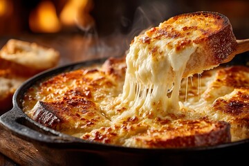 Rustic Cast Iron Skillet Fondue with Steaming Cheese Pull and Toasted Bread