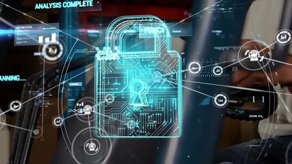 Animation of cyber security data processing and network of icons over male worker operating forklift - Powered by Adobe