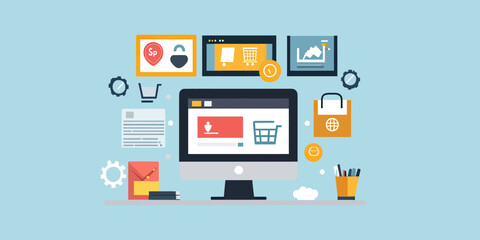 Online shopping and e-commerce concept with computer monitor, shopping cart icons, security lock, data analytics, email, and digital marketing elements in flat vector style